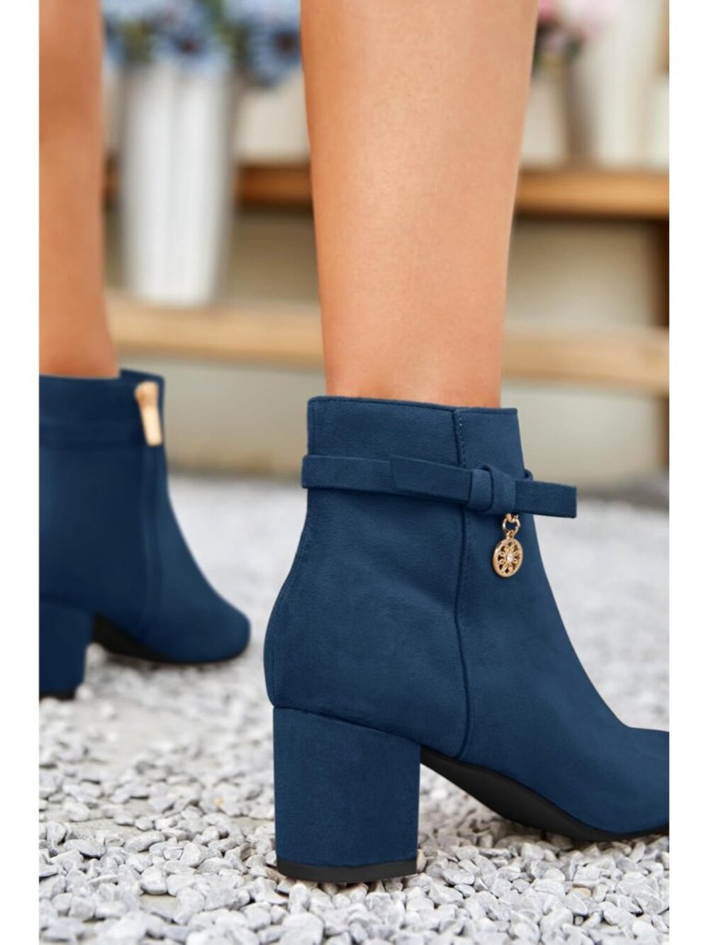 Women's Navy Suede Chunky Block Low Heel Vintage Tie Knot Side Zip Ankle Bootie - Picture 3 of 4